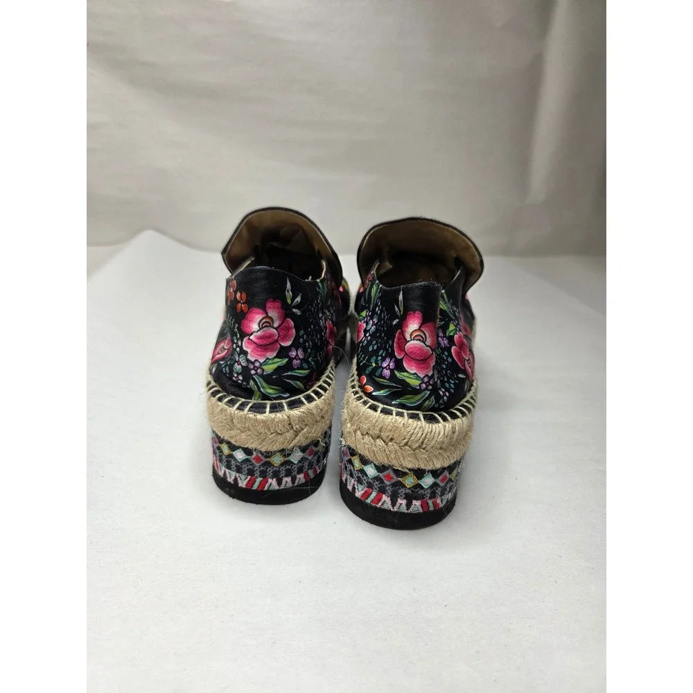 Johnny Was Black Leopard Floral Embroidered Platform Espadrille Shoes Size 9.5